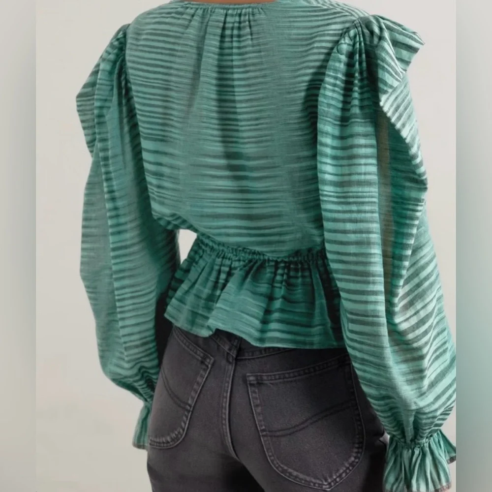ULLA JOHNSON Ophelia Gathered Striped Cotton-Voile Peplum Blouse